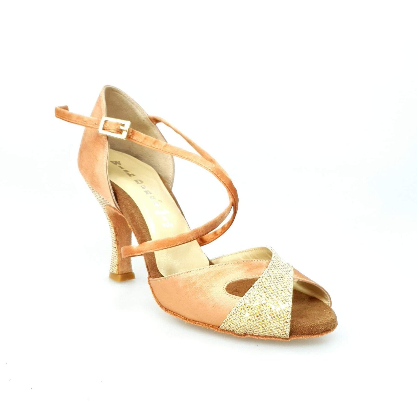 Scarpa Wishdance Ely QC da donna in raso carne e multicolor oro con cinturino incrociato sul collo e tacco rocchetto.