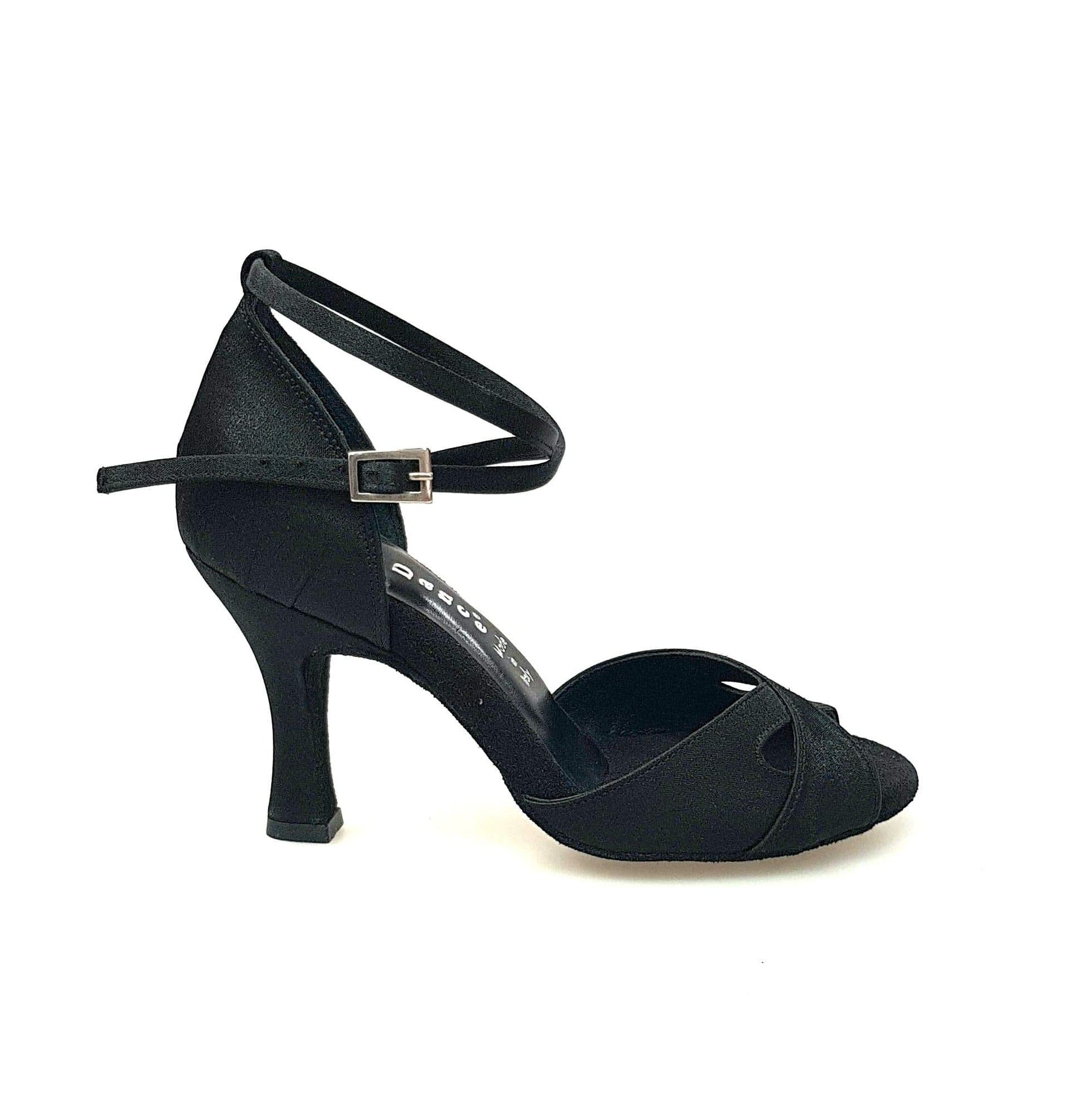 Scarpa Wishdance Ely QB donna in raso nero con cinturino doppio sulla caviglia e tacco rocchetto, elegante e comoda.