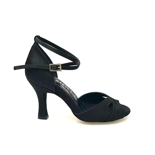 Scarpa Wishdance Ely QB donna in raso nero con cinturino doppio sulla caviglia e tacco rocchetto, elegante e comoda.