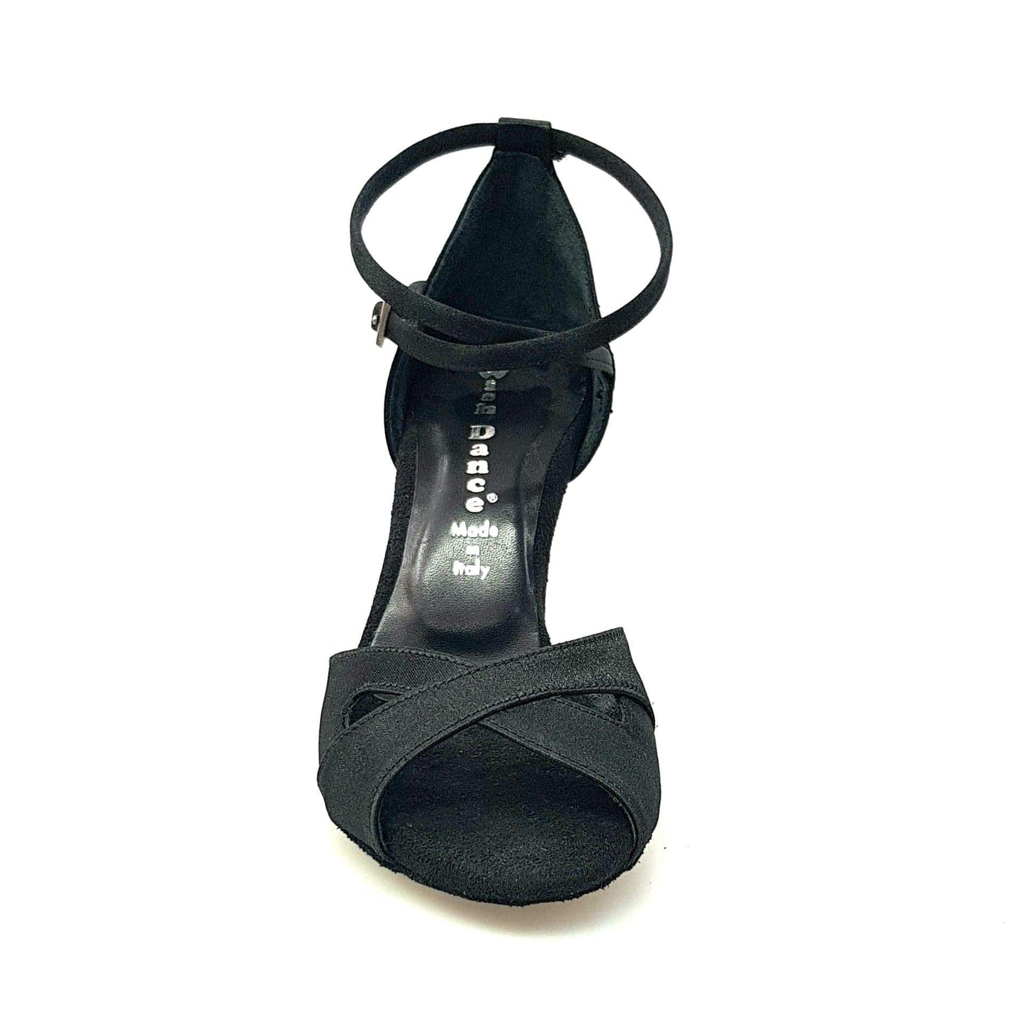 Scarpa basic da donna Wishdance Ely QB in raso nero con cinturino doppio alla caviglia e tacco rocchetto.