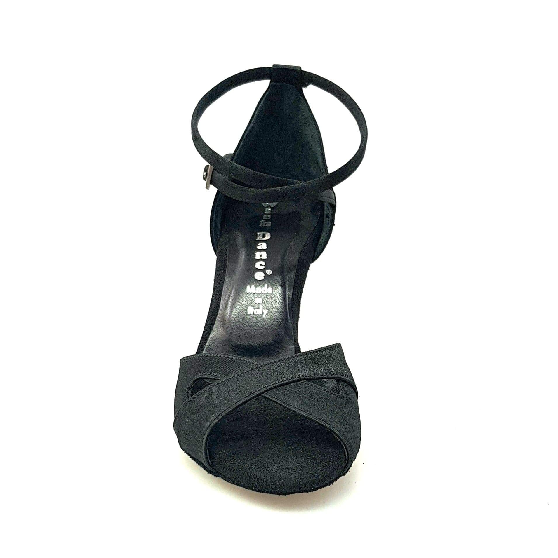 Scarpa basic da donna Wishdance Ely QB in raso nero con cinturino doppio alla caviglia e tacco rocchetto.