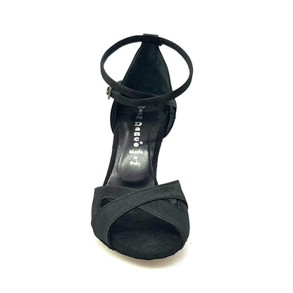 Scarpa basic da donna Wishdance Ely QB in raso nero con cinturino doppio alla caviglia e tacco rocchetto.