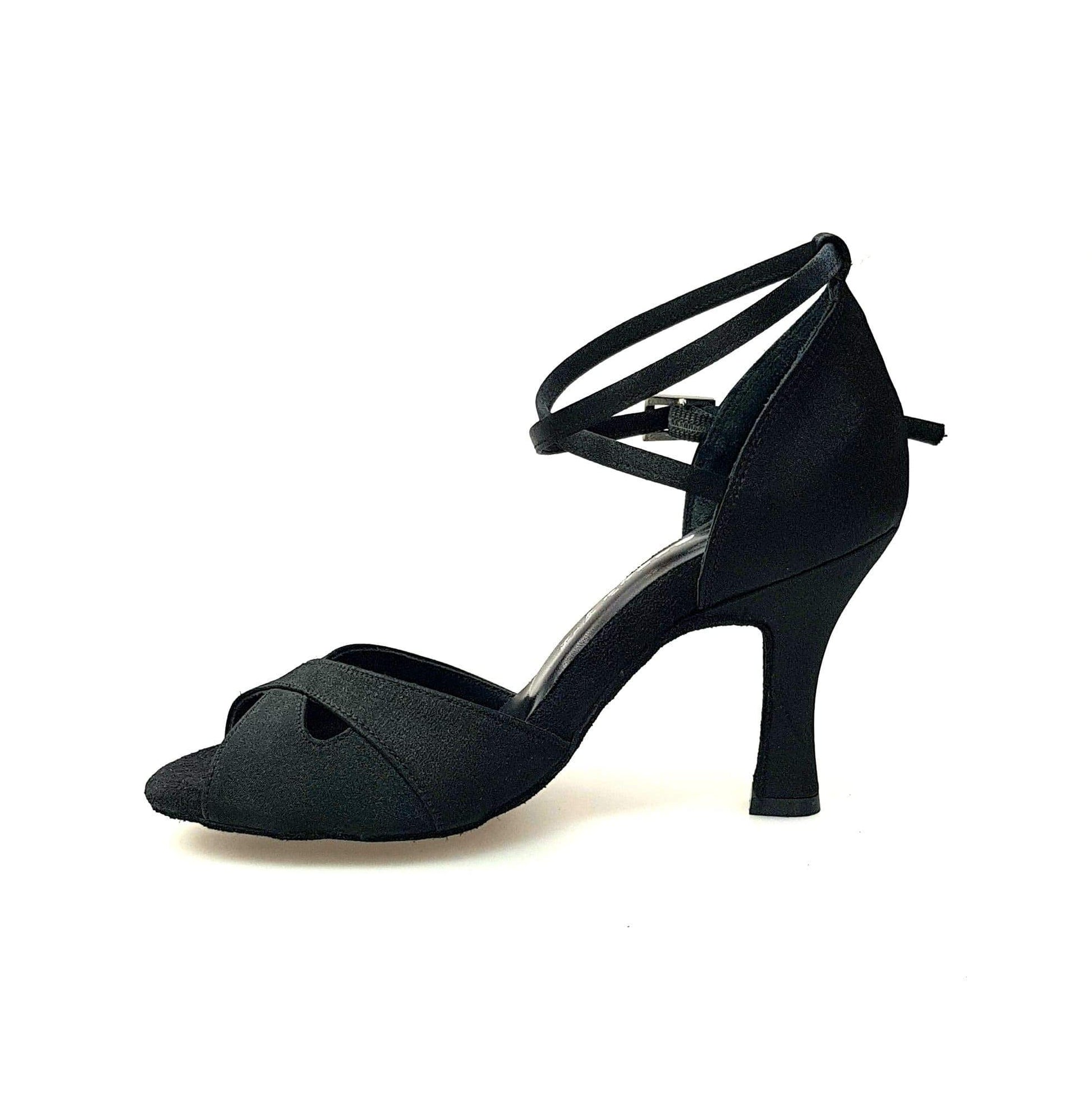 Scarpa da donna Wishdance Ely QB in raso nero con cinturino doppio sulla caviglia e tacco rocchetto.