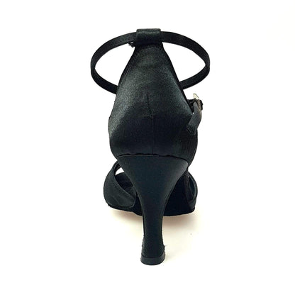 Scarpa donna Wishdance Ely QB in raso nero con cinturino doppio sulla caviglia e tacco rocchetto, elegante e semplice.