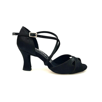 Scarpa da donna Ely QC in raso nero con cuscino memorex, cinturino incrociato sul collo, tacco rocchetto.
