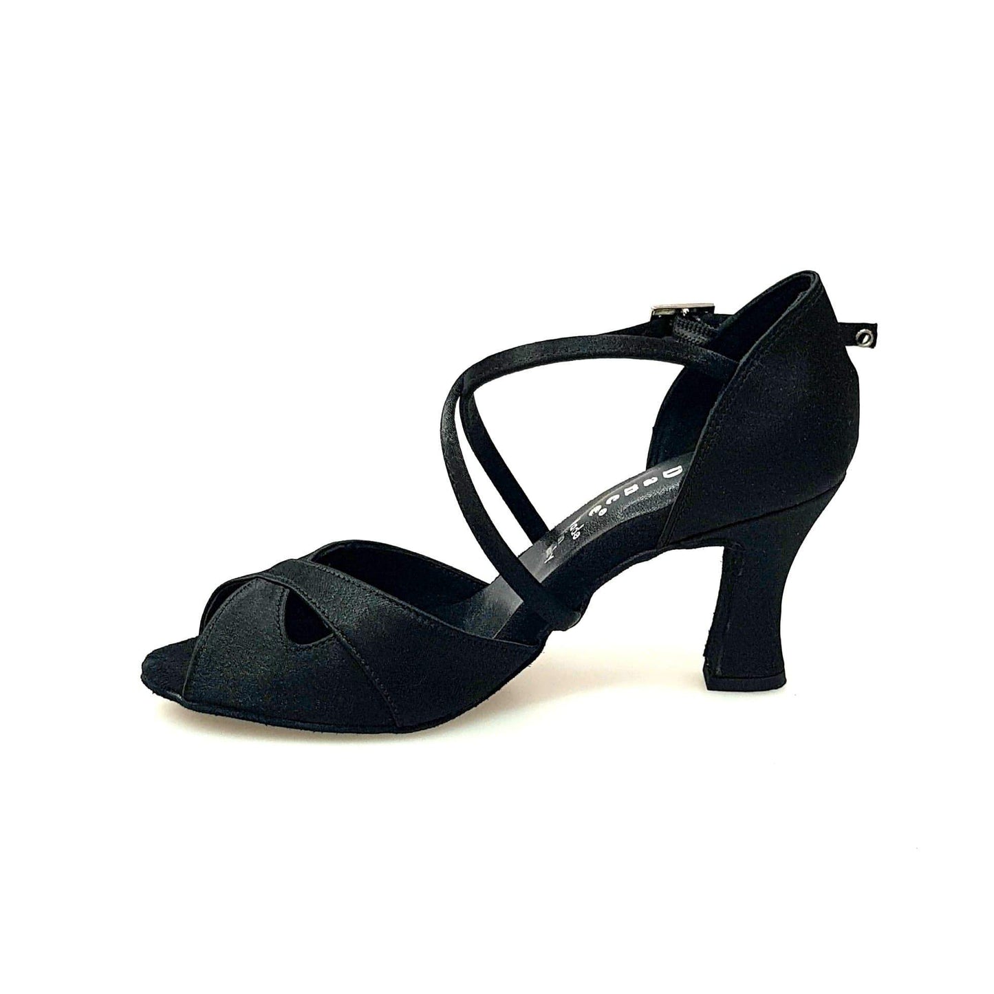 Scarpa Ely QC da donna in raso nero con cinturino incrociato, cuscino memorex e tacco rocchetto, vista frontale.