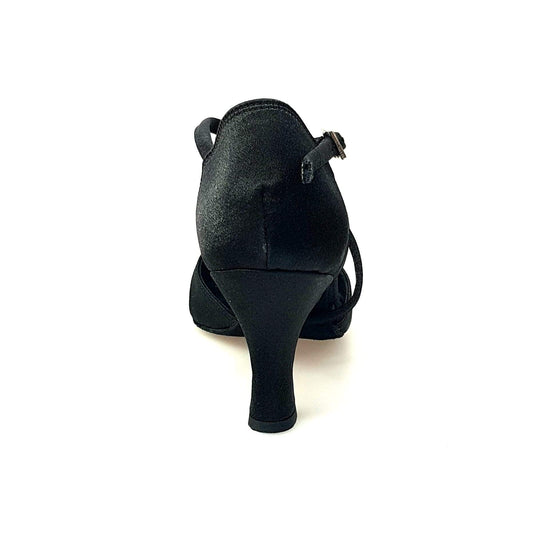 Scarpa da donna Ely QC Wish Dance Shop in raso nero con cuscino memorex, cinturino incrociato e tacco rocchetto.