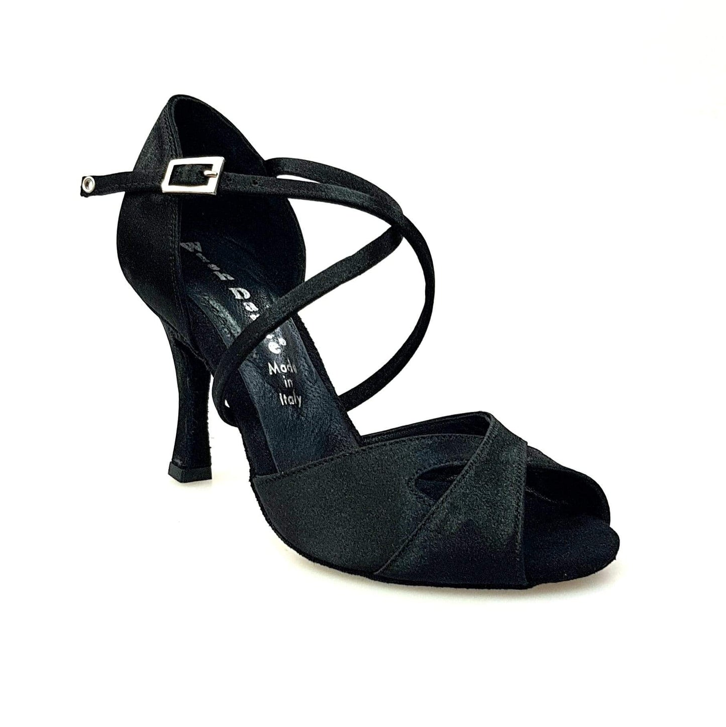 Scarpa Wishdance Ely QC da donna in raso nero con cuscino memorex, cinturino incrociato e tacco rocchetto, vista frontale.