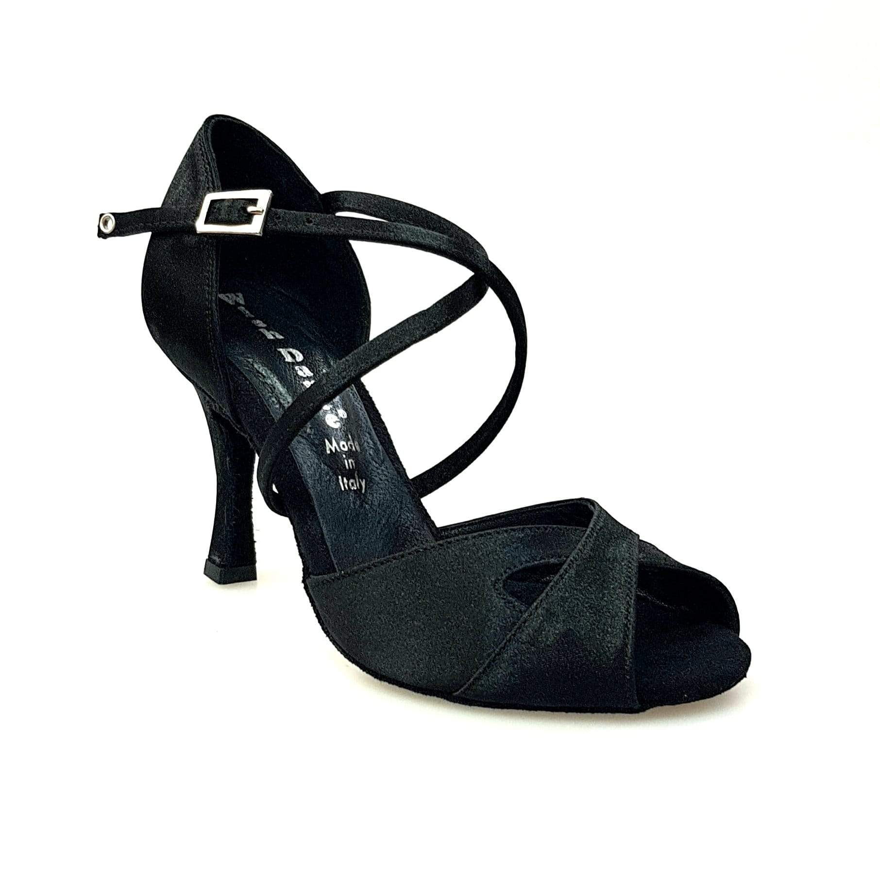 Scarpa Wishdance Ely QC da donna in raso nero con cuscino memorex, cinturino incrociato e tacco rocchetto, vista frontale.