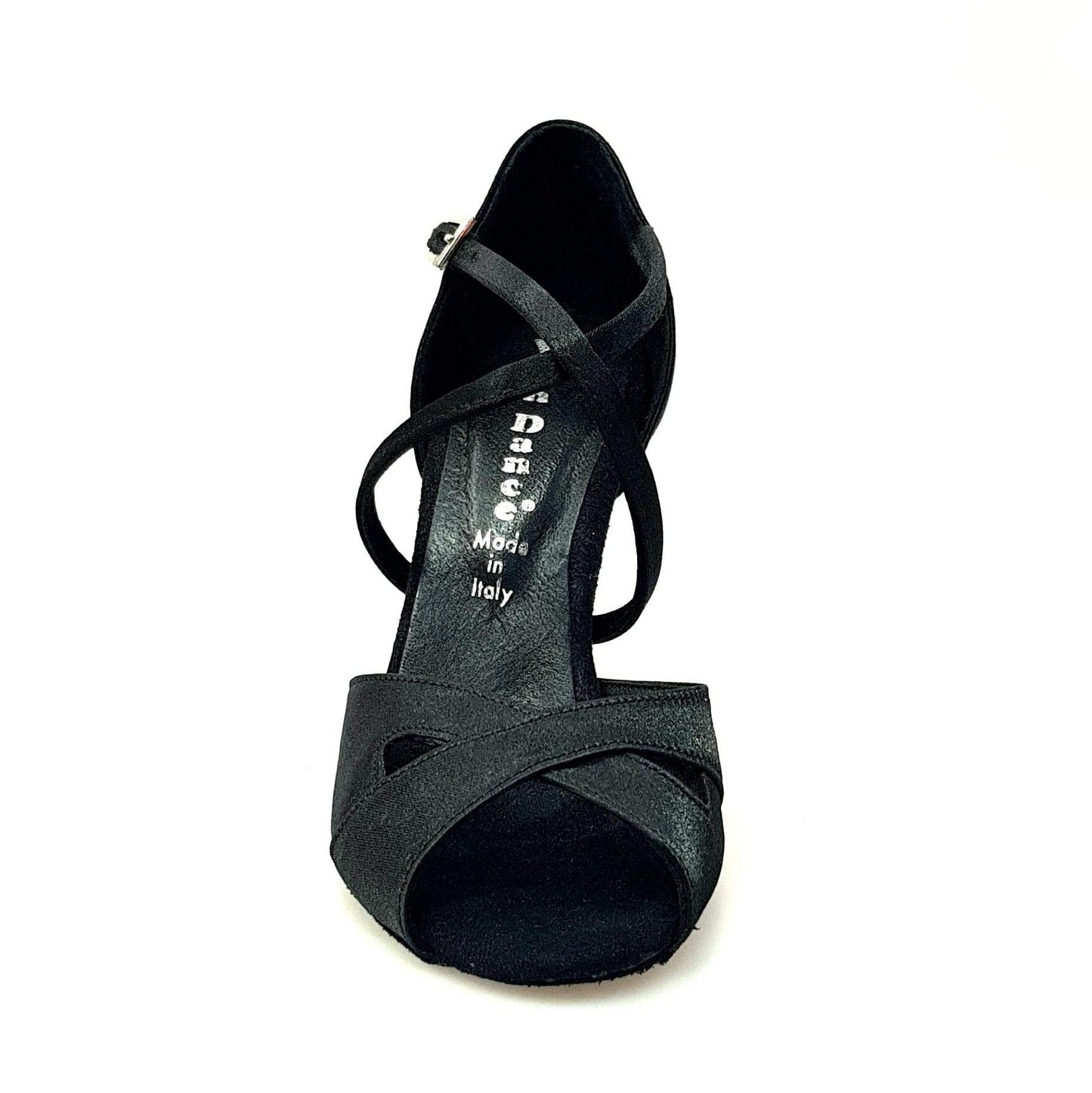 Scarpa Wishdance Ely QC donna in raso nero con cuscino memorex, cinturino incrociato e tacco rocchettino, vista frontale.