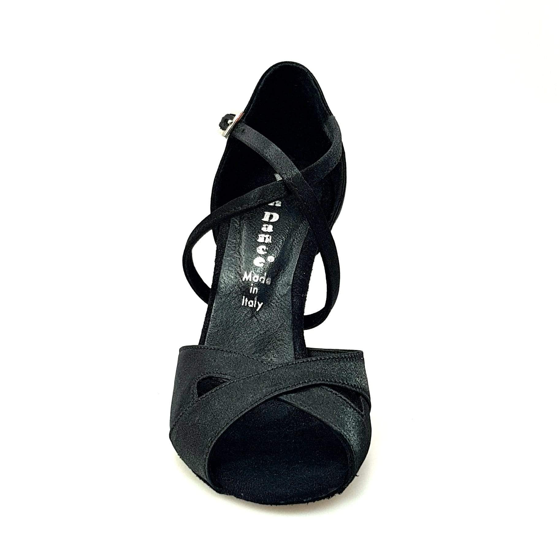 Scarpa Wishdance Ely QC donna in raso nero con cuscino memorex, cinturino incrociato e tacco rocchettino, vista frontale.