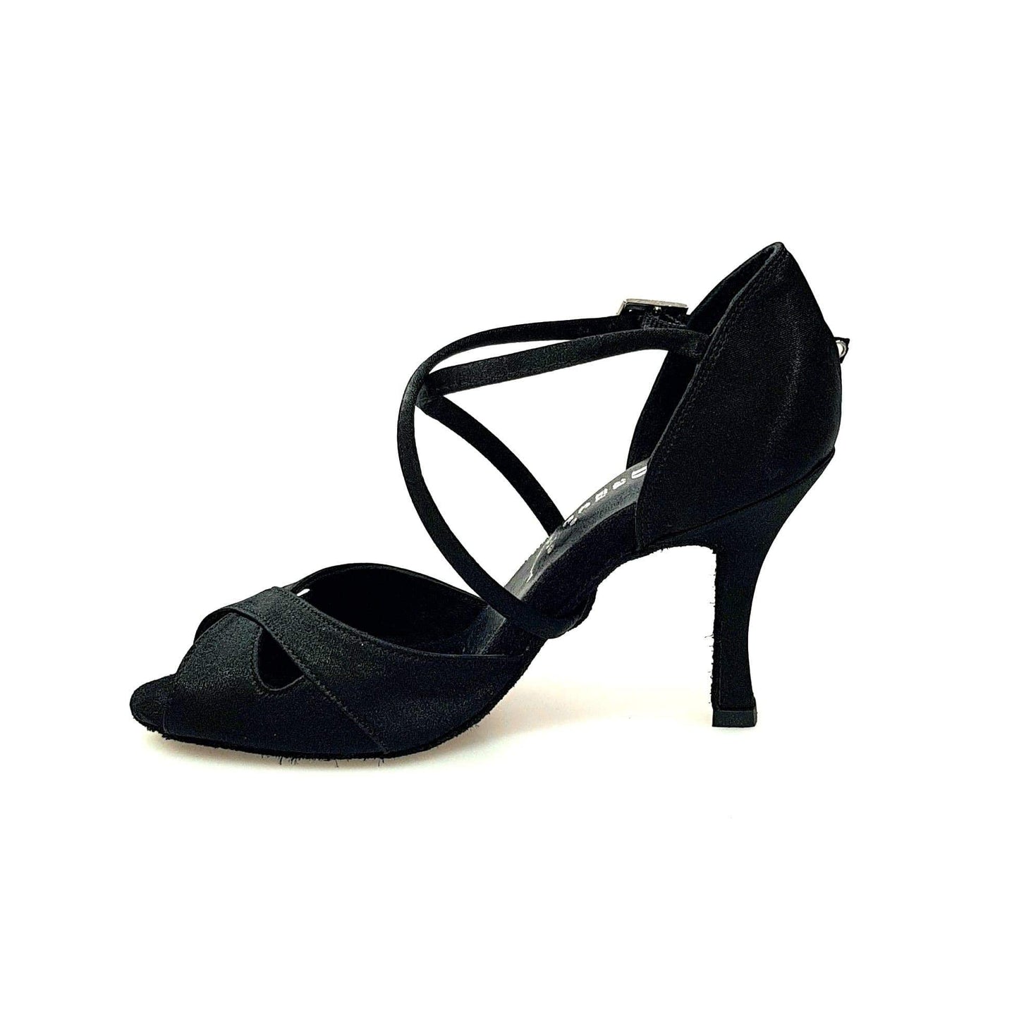 Scarpa donna Wishdance Ely QC in raso nero con cuscino memorex, cinturino incrociato e tacco rocchetto.