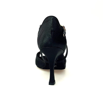 Scarpa donna Wishdance Ely QC in raso nero con cuscino memorex, cinturino incrociato e tacco rocchetto.