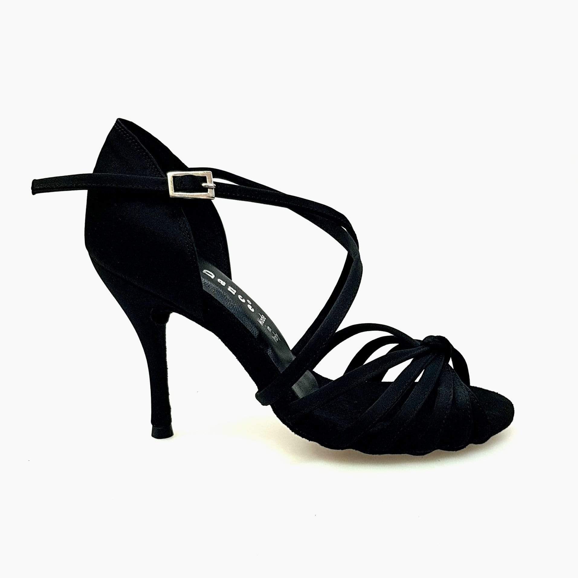 Scarpa Wishdance Patty QC da donna in raso nero con fascette, cinturino incrociato e tacco a spillo, elegante e semplice.