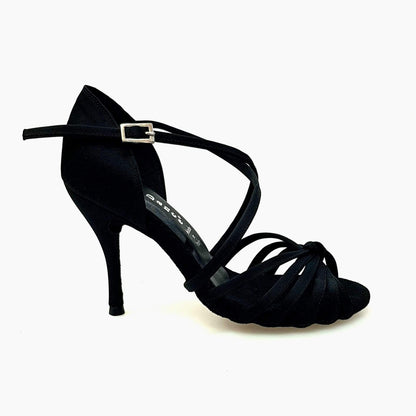 Scarpa Wishdance Patty QC da donna in raso nero con fascette, cinturino incrociato e tacco a spillo, elegante e semplice.