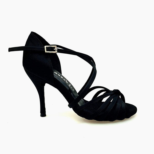 Scarpa Wishdance Patty QC da donna in raso nero con fascette, cinturino incrociato e tacco a spillo, elegante e semplice.
