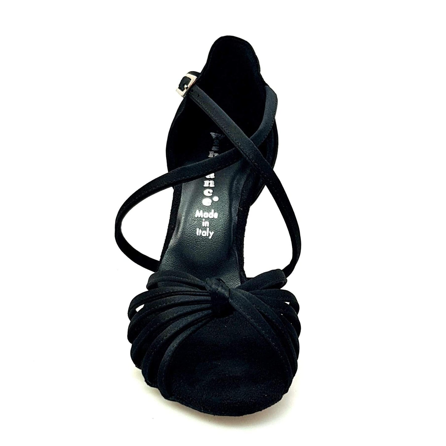Scarpa donna Wishdance in raso nero con fascette e cinturino incrociato, tacco a spillo, stile elegante e classico.