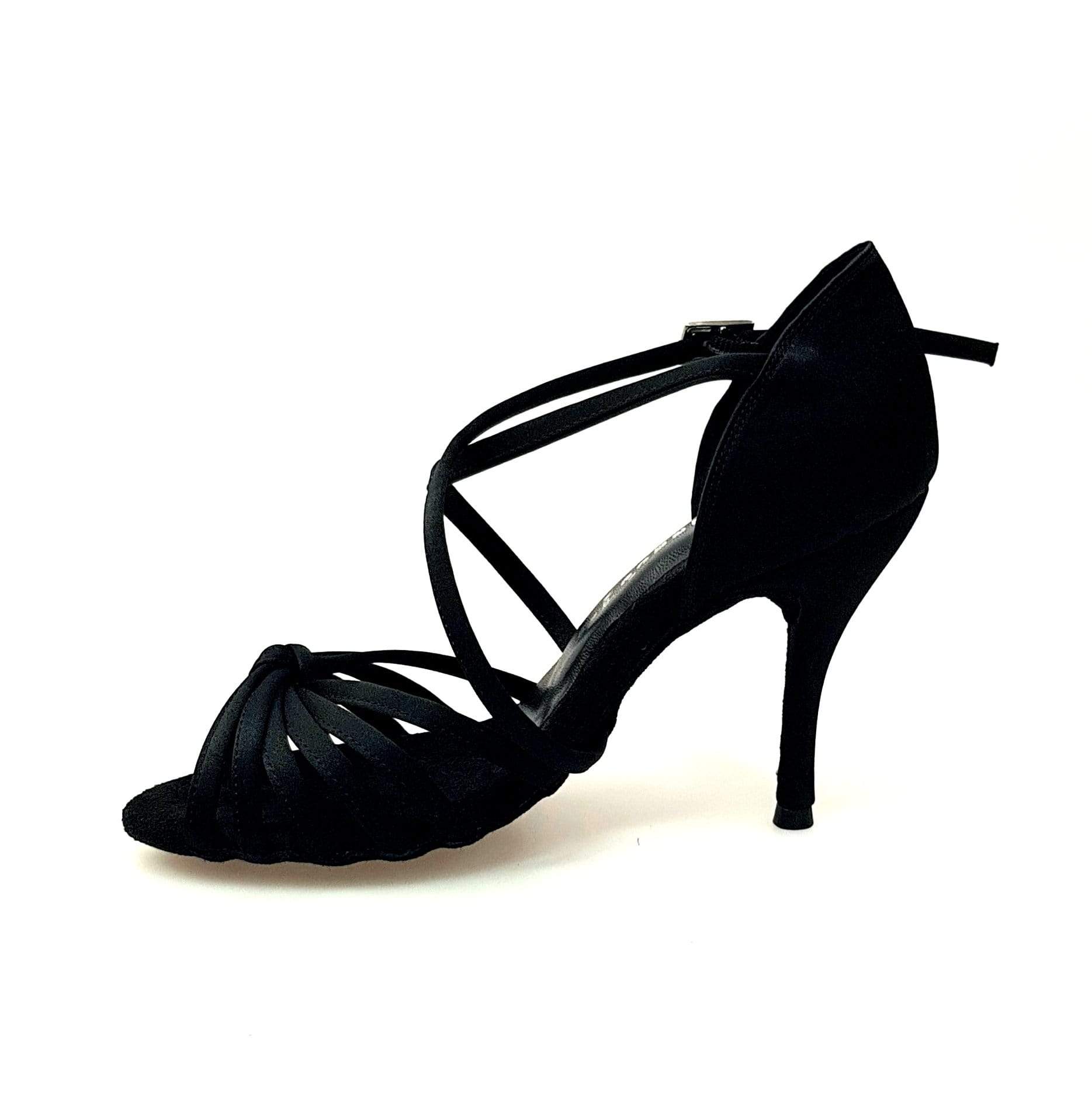 Scarpa Wishdance Patty QC da donna in raso nero con fascette, cinturino incrociato e tacco a spillo, vista frontale.