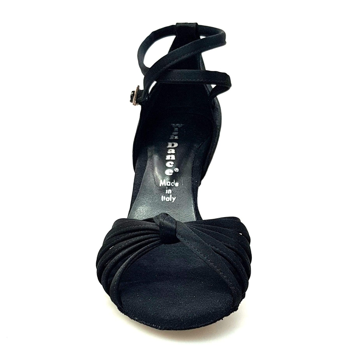 Scarpa da ballo Wishdance Patty QB in raso nero con fascette, cinturino doppio sulla caviglia e tacco a rocchetto.