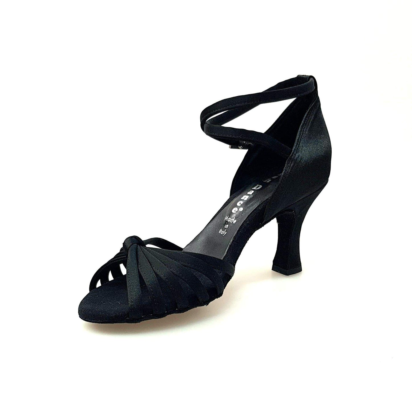 Scarpa da ballo donna Wishdance Patty QB in raso nero con fascette, cinturino doppio e tacco a rocchetto.