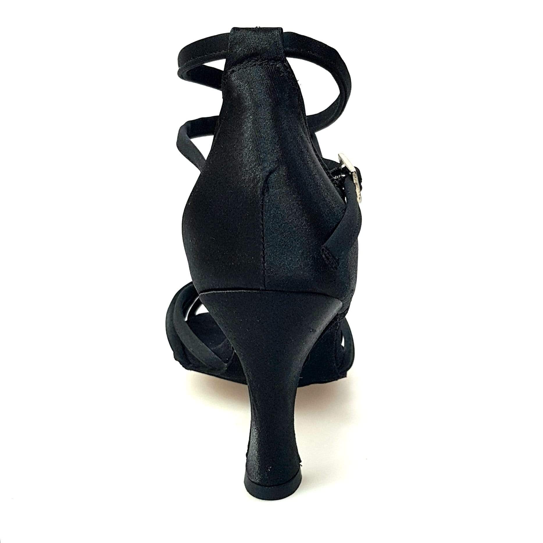 Scarpa da ballo Wishdance Patty QB in raso nero con fascette, cinturino doppio alla caviglia e tacco a rocchetto.