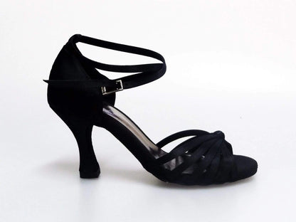 Scarpa da ballo Wishdance Pepa in raso nero con fascette in camoscio e tacco a rocchetto, donna, stile elegante e comodo.