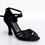 Load image into Gallery viewer, Wishdance Scarpa Basica da donna in Raso Nero con fascette rivestite in Camoscio e tacco a Rocchetto
