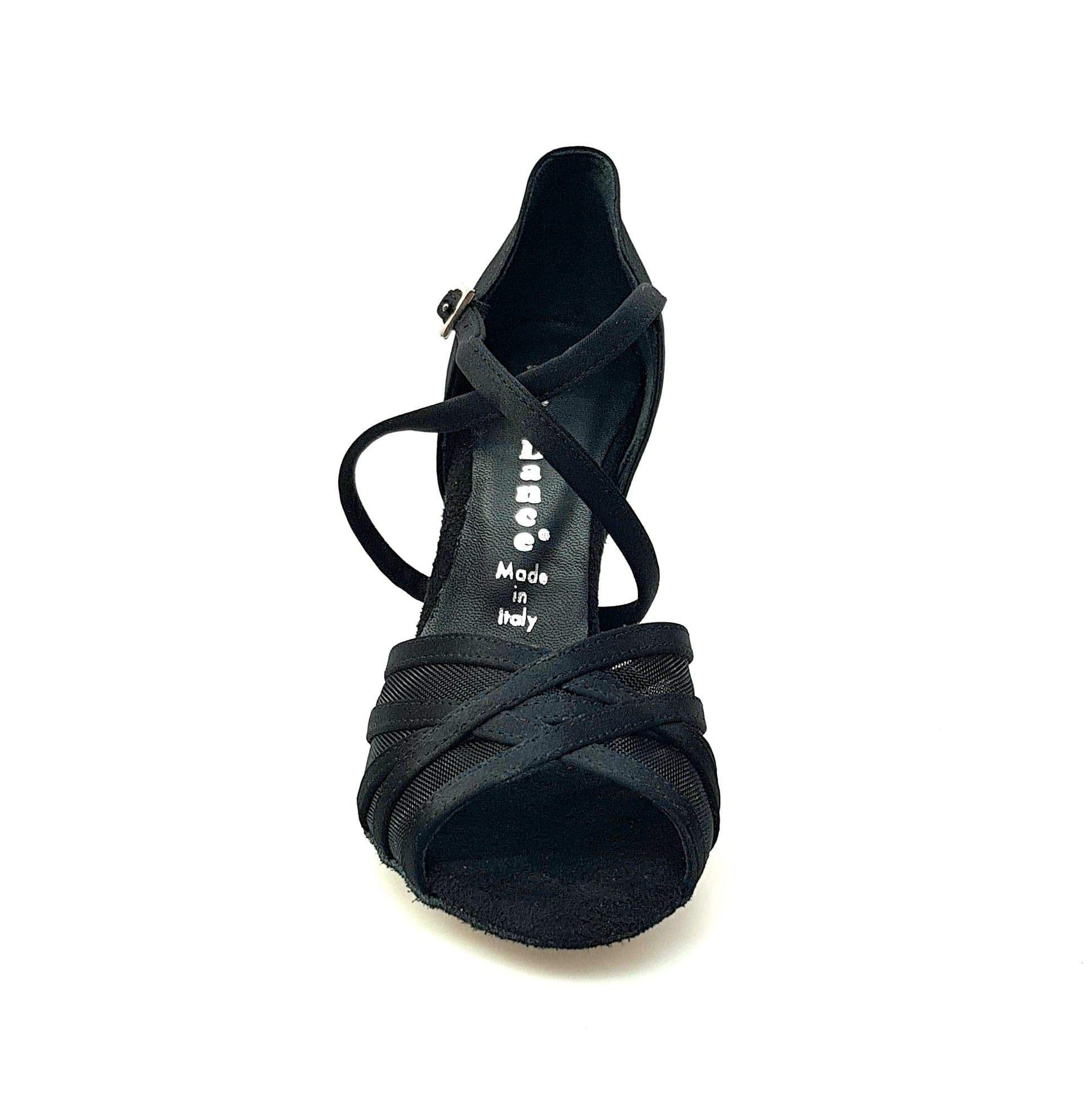 Scarpa donna Wishdance ORIETTA QC in raso nero con retina, cuscino memorex, cinturino incrociato e tacco a rocchetto.