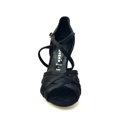 Scarpa donna Wishdance ORIETTA QC in raso nero con retina, cuscino memorex, cinturino incrociato e tacco a rocchetto.