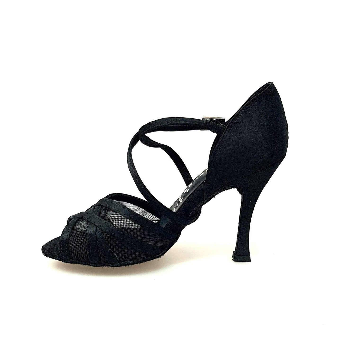 Scarpa Wishdance ORIETTA QC in raso nero con retina, cuscino memorex, cinturino incrociato e tacco a rocchetto.