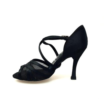 Scarpa Wishdance ORIETTA QC in raso nero con retina, cuscino memorex, cinturino incrociato e tacco a rocchetto.