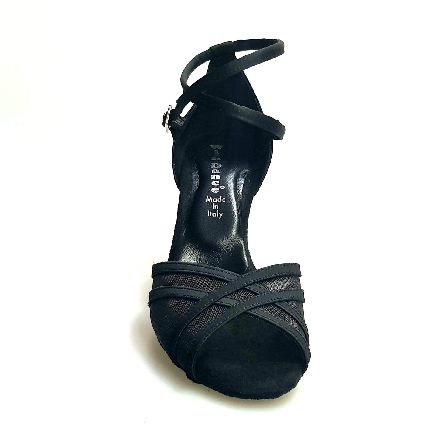 Scarpa donna Wishdance Melany QB in raso nero con retina, cinturino doppio alla caviglia e tacco rocchetto.