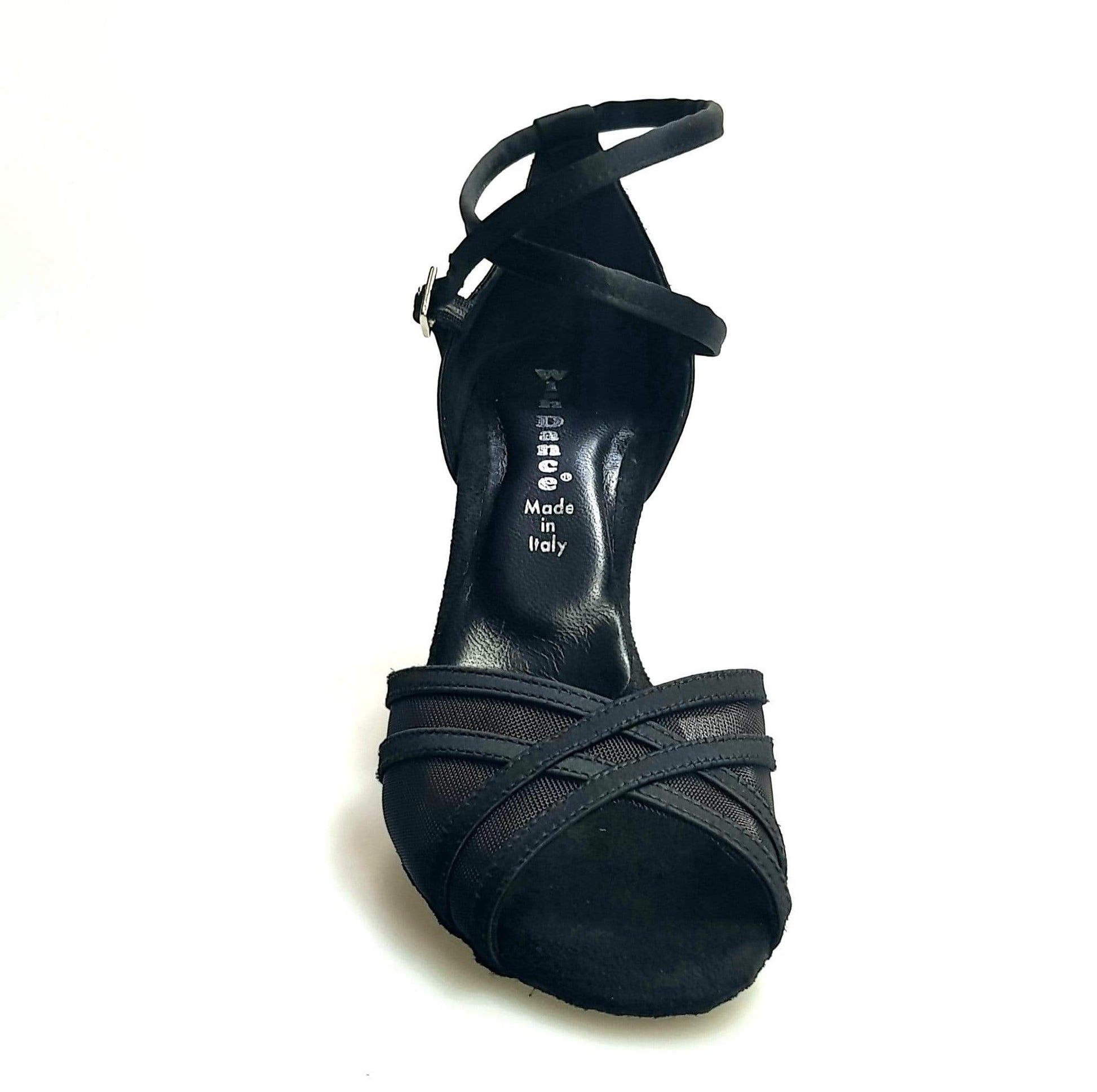Scarpa donna Wishdance Melany QB in raso nero con retina, cinturino doppio alla caviglia e tacco rocchetto.