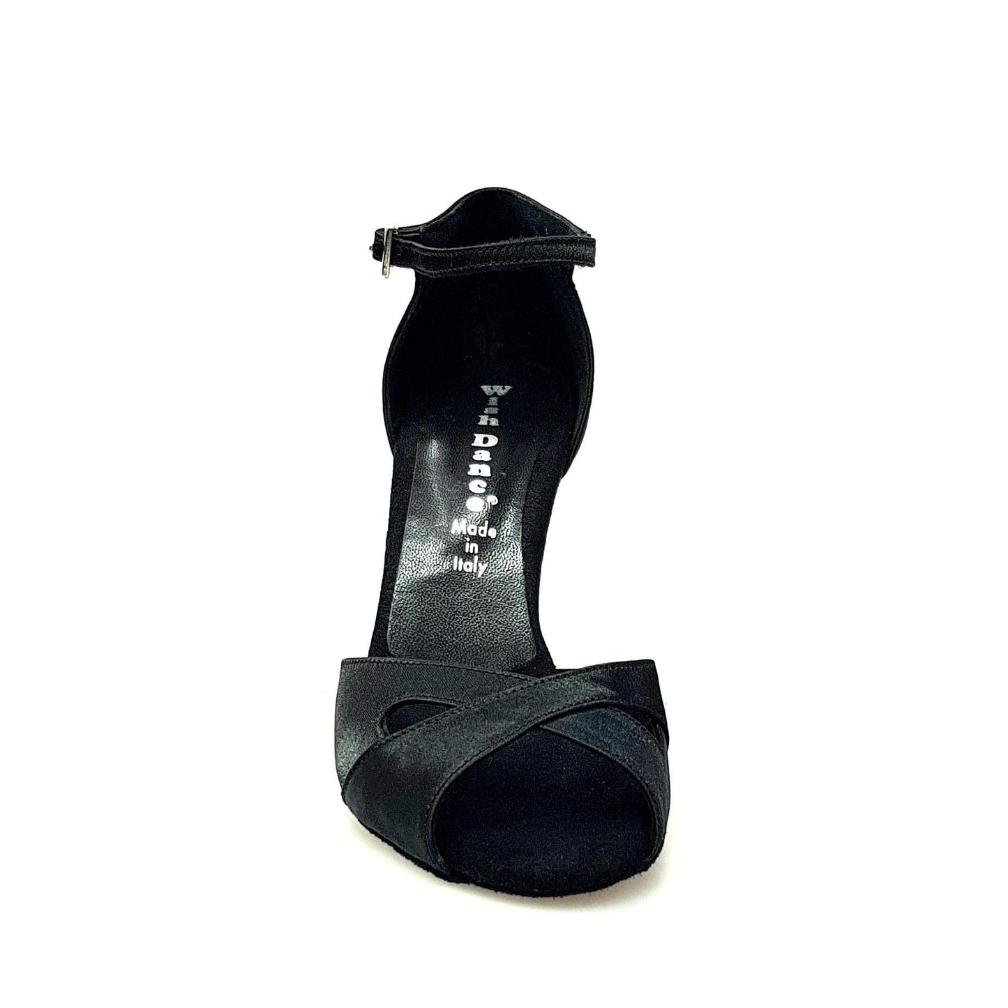 Scarpa da ballo Wishdance Ely QA in raso nero con cinturino singolo e tacco rocchetto, donna, elegante e comoda.