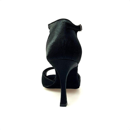 Scarpa da ballo Wishdance Ely QA in raso nero con cinturino singolo e tacco rocchetto, calzature da donna eleganti e comode