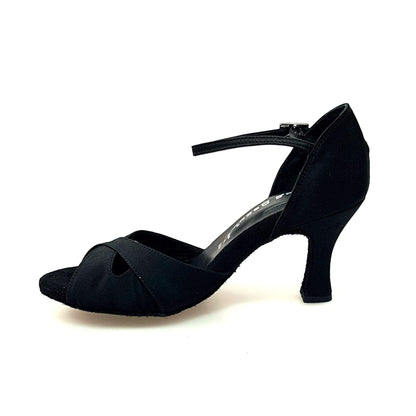Scarpa da ballo Ely QA in raso nero con cinturino singolo e tacco basso a rocchetto, donna, Wish Dance Shop.