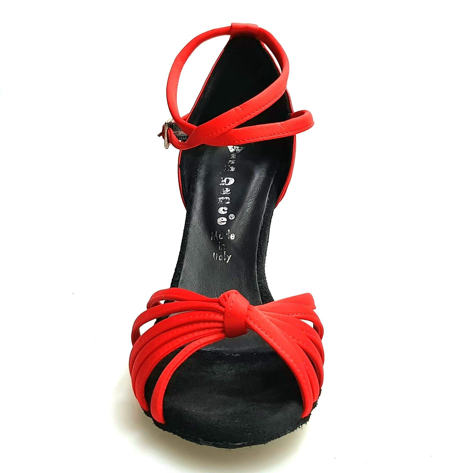 Scarpa da ballo Wishdance Patty QB in raso di seta rosso, con fascette, cinturino doppio e tacco rocchetto, per donna.