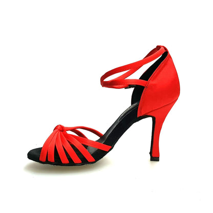 Scarpa da ballo Wishdance Patty QB in raso di seta rosso con fascette, cinturino doppio e tacco a rocchetto per donna