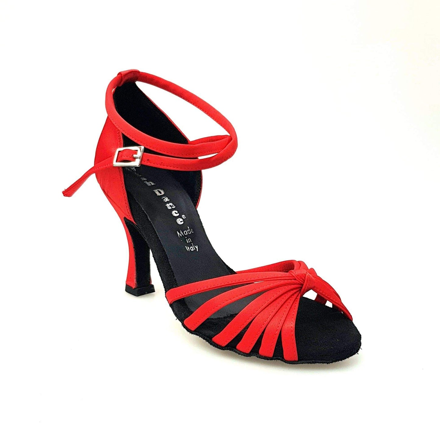 Scarpa da ballo Wishdance Patty QB donna in raso rosso con fascette, cinturino doppio e tacco a rocchetto, dettagli eleganti.
