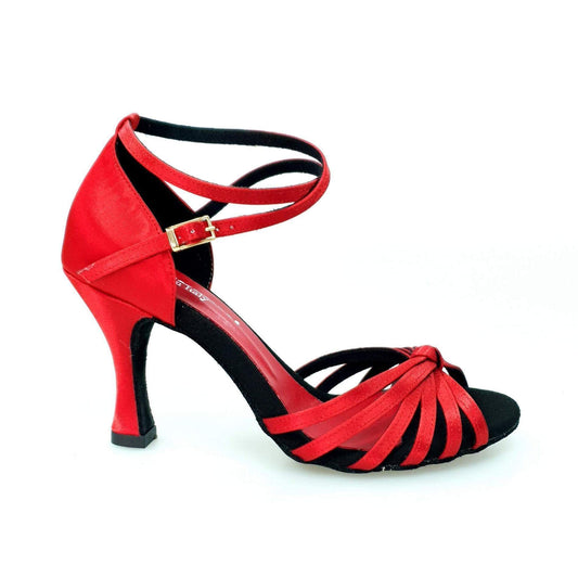 Scarpa da ballo Wishdance Pepa in raso rosso con fascette in camoscio e tacco a rocchetto, ideale per danza elegante.