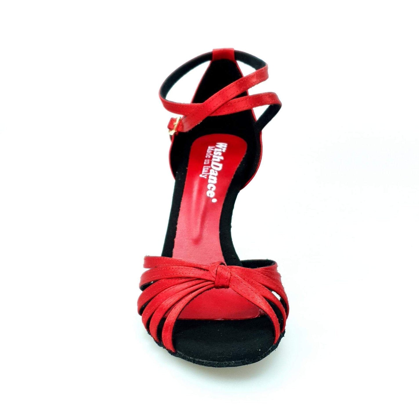 Scarpa da ballo Wishdance Pepa in raso rosso con fascette in camoscio e tacco a rocchetto, modello basico da donna.