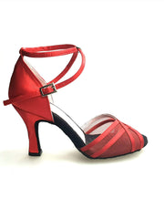 Load image into Gallery viewer, Wishdance Scarpa Basica da donna in Raso Rosso con Retina e Cinturino Doppio sulla Caviglia
