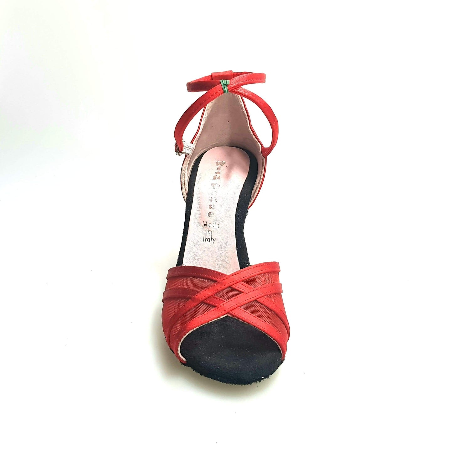 Scarpa donna Wishdance Melany QB in raso rosso con retina, cinturino doppio sulla caviglia e tacco rocchetto elegante.