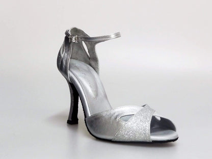 Scarpa da donna Wishdance Ely QA in pelle argento e glitter, cinturino alla caviglia e tacco rocchettino.