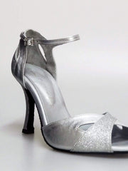 Cargar imagen en la Galería, Scarpa da donna Wishdance Ely QA in pelle argento e glitter, cinturino alla caviglia e tacco rocchettino.