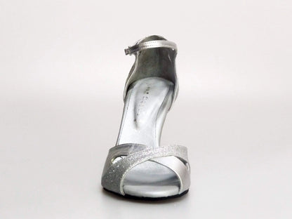 Scarpa da donna Wishdance Ely QA in pelle argento e glitter, cinturino alla caviglia e tacco rocchetto, stile elegante e brillante