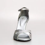 Cargar imagen en la Galería, Scarpa da donna Wishdance Ely QA in pelle argento e glitter, cinturino alla caviglia e tacco rocchetto, stile elegante e brillante

