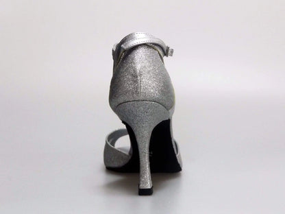 Scarpa donna Wishdance Ely QA in pelle argento e glitter, cinturino alla caviglia, tacco rocchetto, stile elegante e brillante