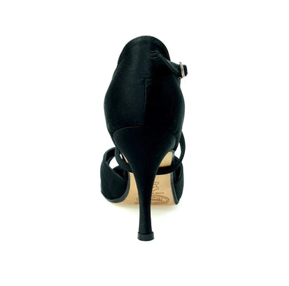 Scarpa da donna Wishdance Ely QC in raso nero con cinturino incrociato, tacco spillo e suola in cuoio.