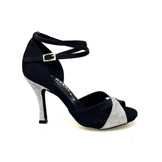 Scarpa donna Wishdance Ely QB in raso nero e glitter argento con cinturino doppio alla caviglia e tacco rocchetto.